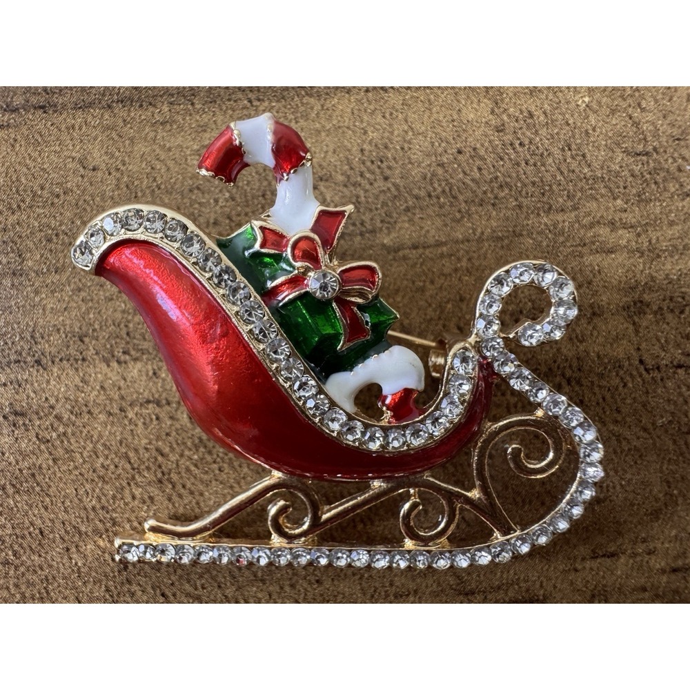 Christmas Sleigh Brooch Rhinestone Red Green Enamel Candy Cane Gift Pin
